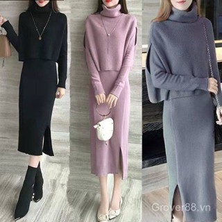 Bộ váy dệt kim mẫu dài vừa ôm hông áo len 2024 kiểu mới váy liền nữ dày dặn Bộ hai chiếc phong cách Hàn Quốc mùa thu đông