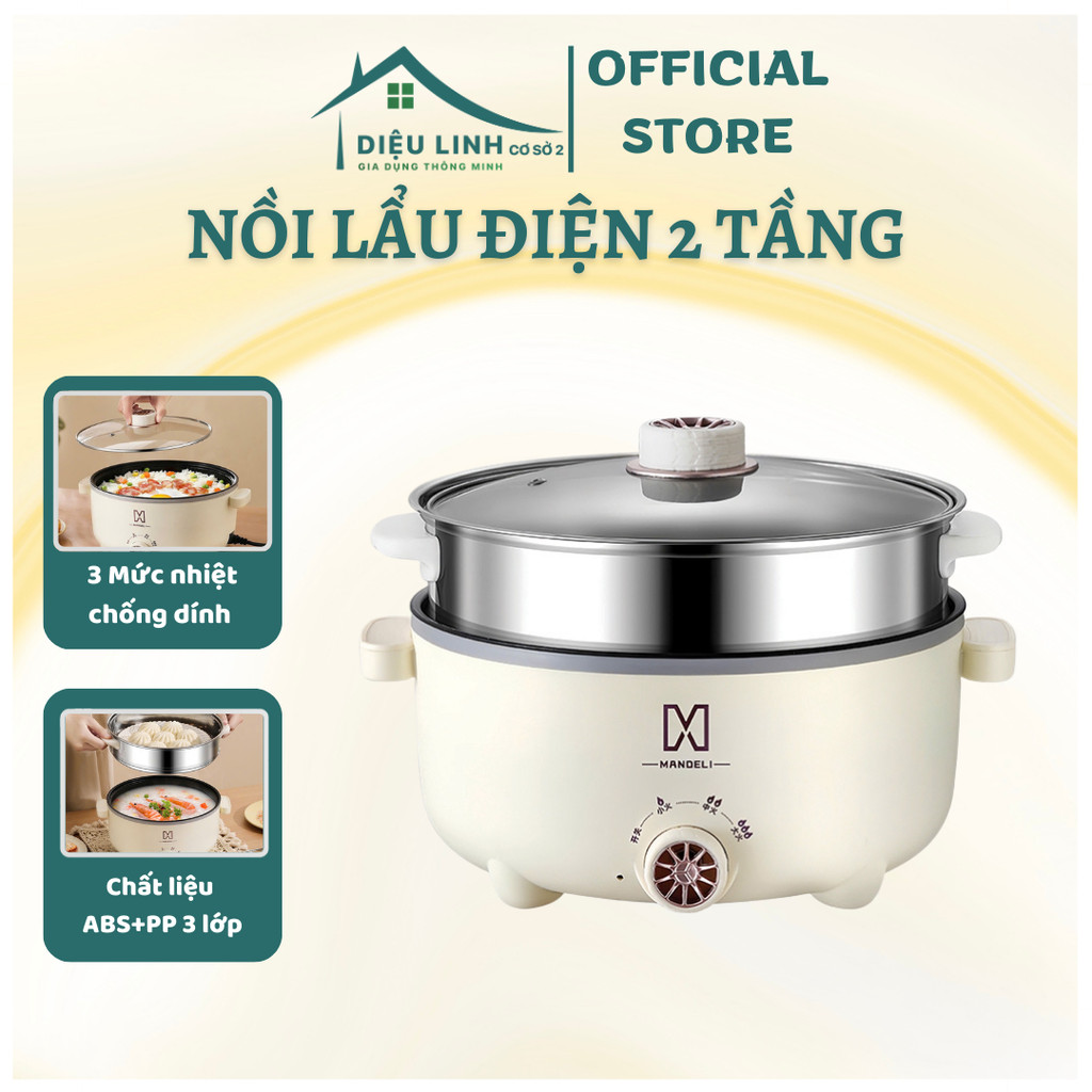 Nồi Lẩu Điện 2 Tầng MANDELI Kèm Xửng Hấp Inox  28cm 4L Chống Dính Công Suất 1000W - Diệu Linh Shop
