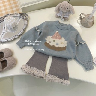 Cô gái mùa thu và mùa đông phong cách phương Tây bánh dễ thương thời trang áo len dệt kim nữ quần ống loe ren