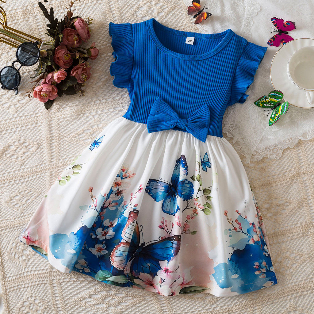 NNJXD 3-8 Years Kids Girl Fly Sleeves Causal Dress Summer Girls Flower Birthday Clothing