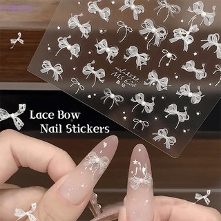 [Cxstbeau] 5D Ren Trắng Nơ Móng Tay Nghệ Thuật Dán Ngọc Trai Kim Cương Giả Trang Trí Móng Tay Đề Can Dính Thanh Trượt Phụ Kiện DIY [MME]