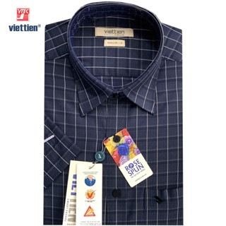 Viettien - Áo sơ mi nam ngắn tay xẻ tà vạt ngang regular vải hoa hồng ca rô 6S0842