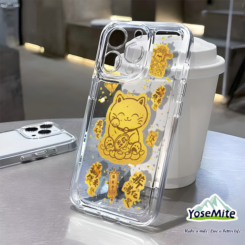 Ốp Mèo chiêu tài iPhone 16 Pro Max 15 11 14 13 12 Pro Max 8 7 Plus X XR XS 6 6S Se 2020 TPU Mềm Trong Suốt Vỏ Điện Thoại Lá vàng Thần Tài Năm mới Lễ hội
