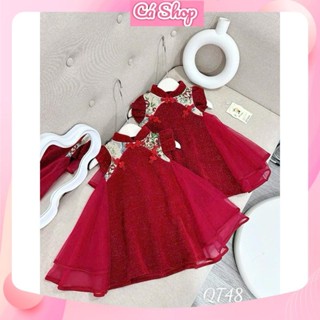 Váy đầm đỏ bé gái QT48, váy cổ tàu nhung kim sa phối lưới cho bé mặc noel giáng sinh, tết trung thu