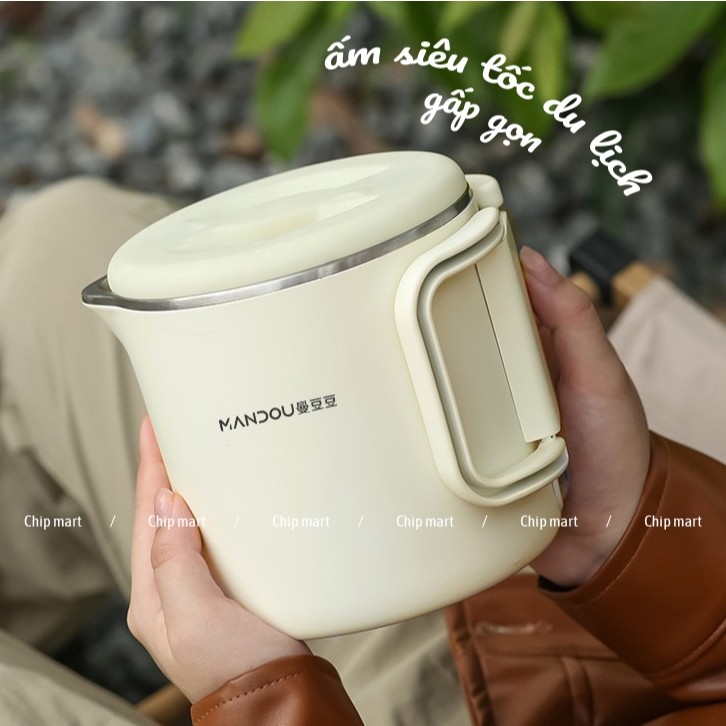 Ấm Đun Nước Đa Năng Gập Gọn, Ấm Đun Nước Điện Inox 316 800ML, Chống Bỏng Hai Lớp, Tự Động Ngắt, Nồi Nấu Mì Nấu Lẩu