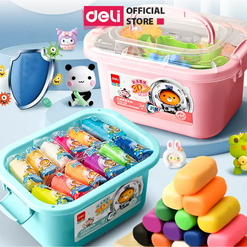 Bộ đất nặn 3D Deli 12/24 màu - Đất sét an toàn, không dính tay, màu sắc tươi sáng, bộ đồ chơi kèm ph