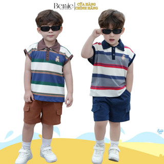 Set bộ polo kẻ ngang tanktop thêu gấu cho bé trai kèm quần short jean 9 kg đến 28kg BERNIE H0125B35