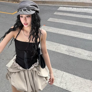 Kliou Gợi Cảm 2 Bộ Không Tay Dây Quấn Ngực Không Lưng Chắp Vá Áo Vest + Baggy Váy Thời Trang Không Đều Hot Chick Casual Ngọt Ngào Nữ Mới