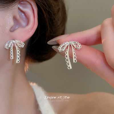 DREJEW 925Silver kim rỗng nơ ren bông tai phong cách mới đơn giản và đa năng bông tai cao cấp nhẹ nhàng sang trọng