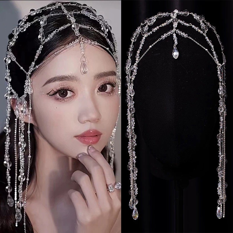 Bridal Wedding Headdress Hair Accessories Photo with Makeup Wedding Dress Tassel Forehead Ornaments 