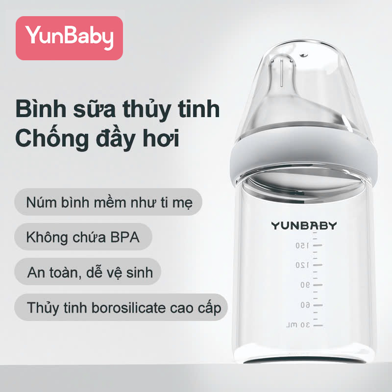 Yunbaby Bình sữa cho bé P10 Bình sữa thủy tinh chịu nhiệt 180ml Bình sữa em bé & Núm vú giả Bình sữa thuỷ tinh rộng miệng Bình thuỷ tinh trữ sữa Tiêu chuẩn thực phẩm, chất liệu thân thiện với môi trường, chống đầy hơi