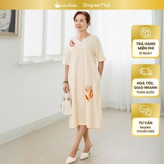 SWANLAKE | Váy Đầm Trung Niên Vải Linen Cao Cấp Form Suông Dài Qua Gối Thêu Họa Tiết Hoa - D11230