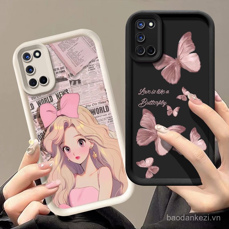 Ốp lưng điện thoại cho Oppo A52 A72 A92, thời trang sang trọng, họa tiết hoạt hình cô gái, bướm hồng