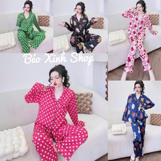 Đồ Bộ Pijama Bigsize Vải Lụa Gấm Xước Tay Dài Quần Dìa50-100kg Mặc Cực Thích Nữ Quần Ngủ