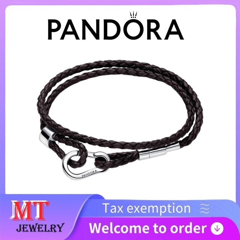 100% S925 Bạc Cặp Đôi Nữ Pandora Trang Sức DIY Pandora Moments Màu Nâu Bện Vòng Tay Da Đôi 593338C01