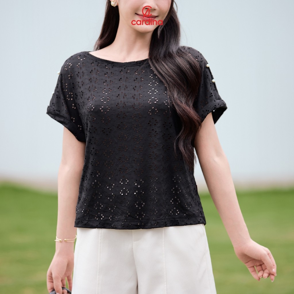 5ATC19 Áo phông nữ CARDINA chất cotton thêu, tay liền thoáng mát form basic 5ATC19