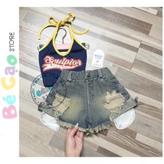 Bộ quần đùi jean rách cho bé gái MÀU BỤI và áo CROPTOP CỔ YẾM cho bé gái siêu cá tính , năng động ngày hè