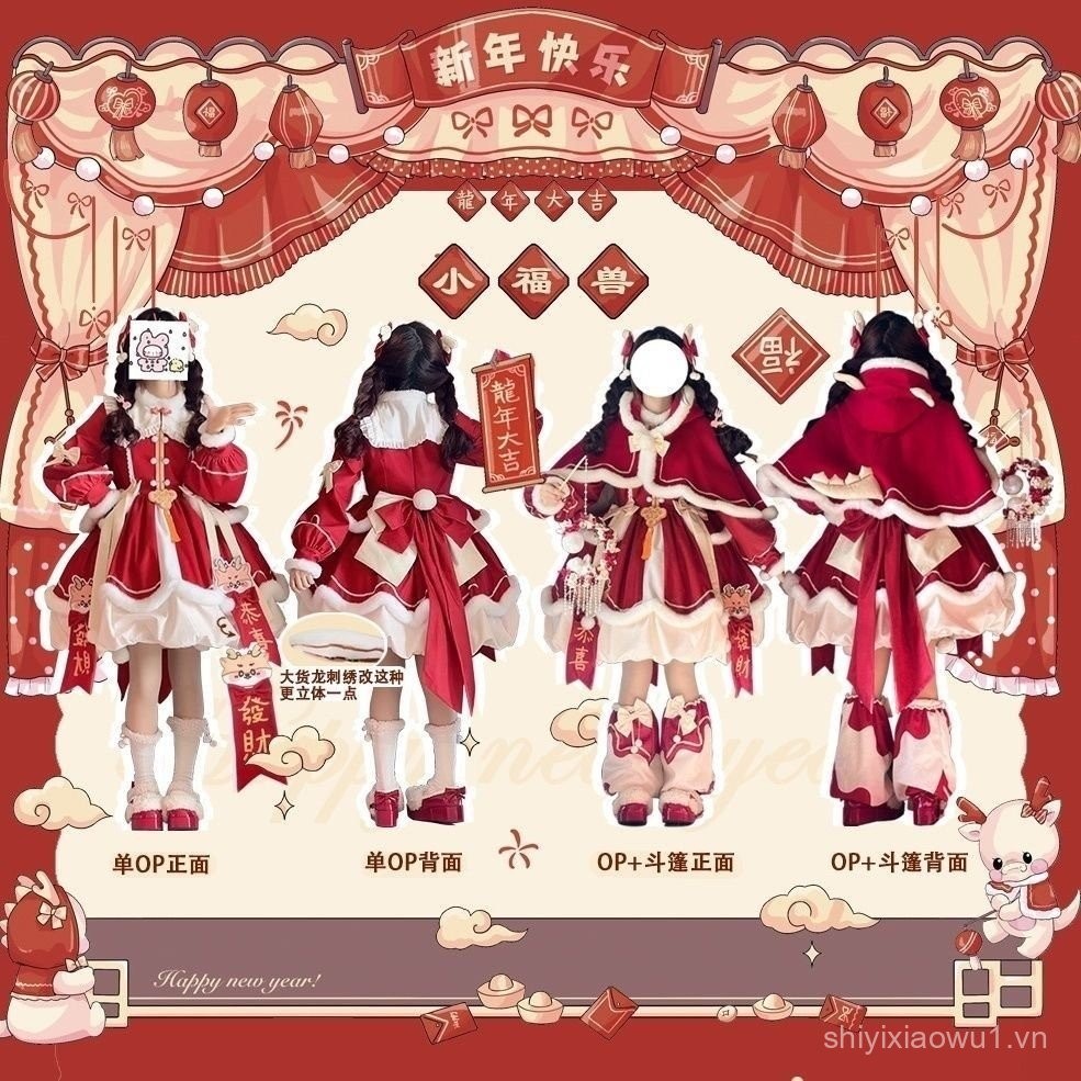 Mới ~ Thiết kế bong bóng năm mới Little Fu Beast lolita lolita lo váy liền Bộ váy dài tay màu đỏ
