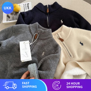 Áo len lót nhung trẻ em 90-140 Áo dệt kim cổ cao thêu cho bé trai và bé gái Áo len chui đầu có khóa kéo dày