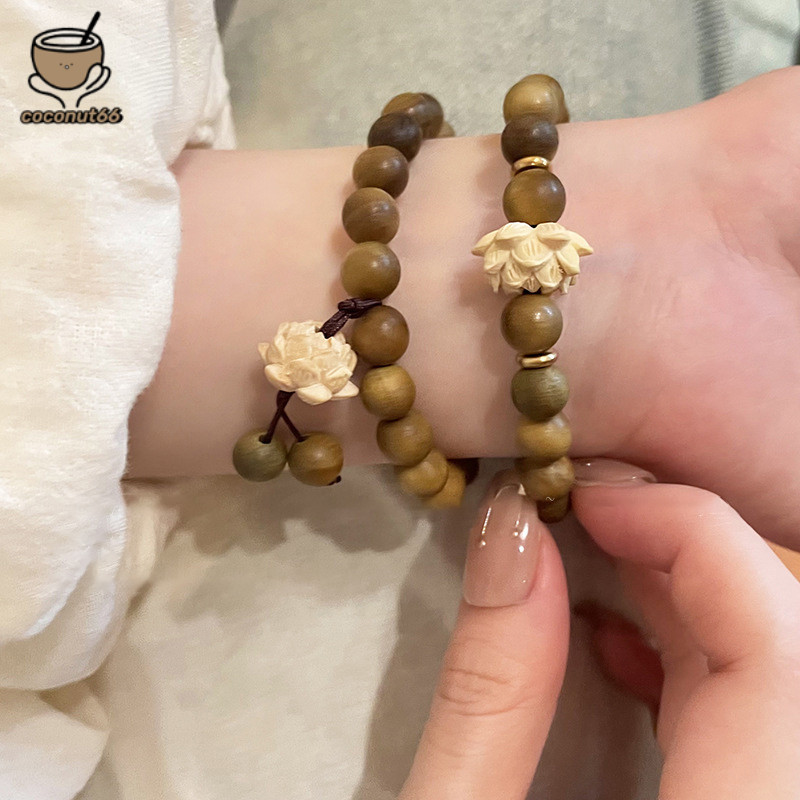 🥥coconut🥥Vòng tay gỗ đàn hương xanh hoạt tiết Hoa Sen thanh lịch, tinh tế The YÊN kích thước 8mm