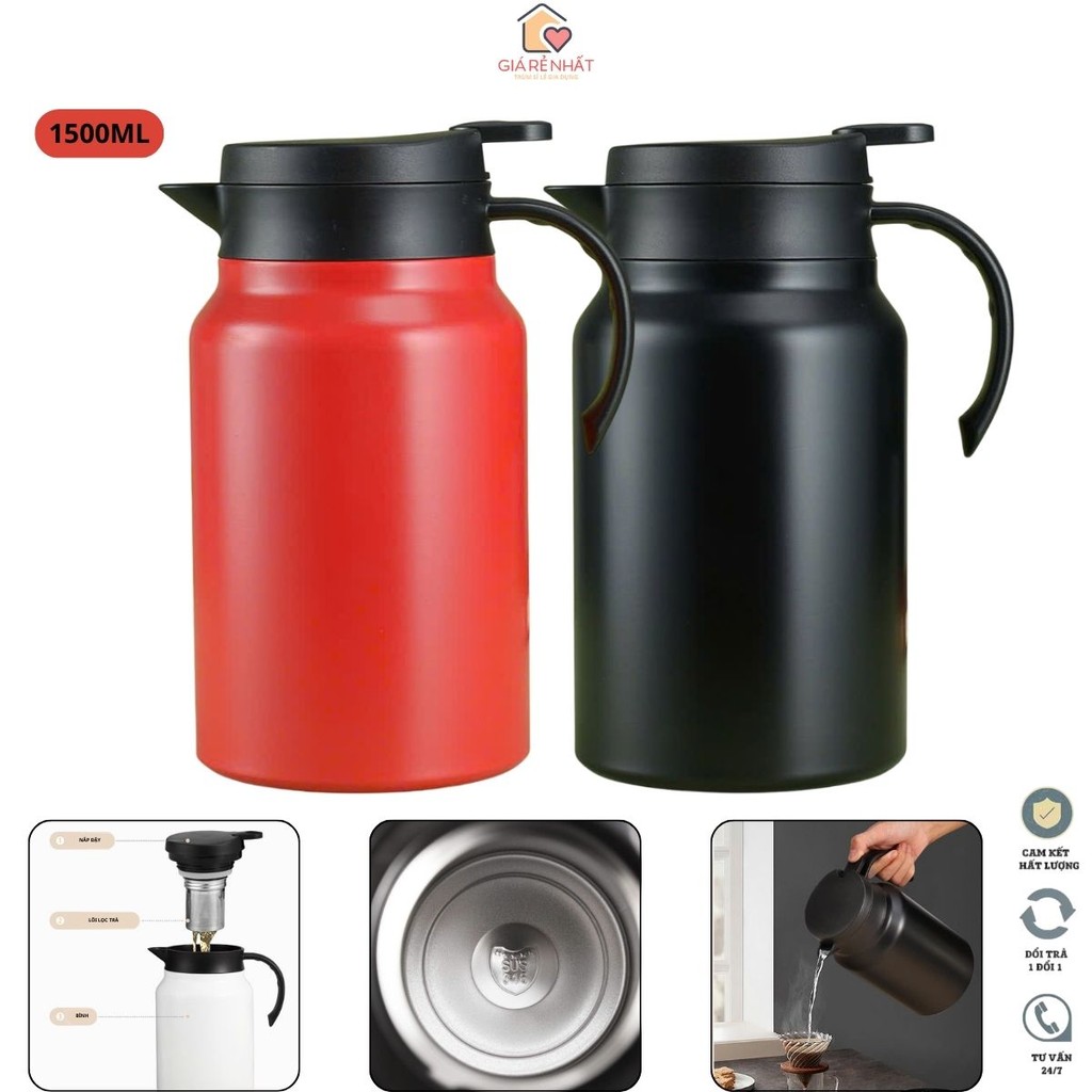 Bình pha trà cà phê giữ nhiệt 1500ml- 1000ml Inox thép chống rỉ, Nặp vặn đậy kín có lõi lọc trà, Giữ nhiệt 10-15 tiếng