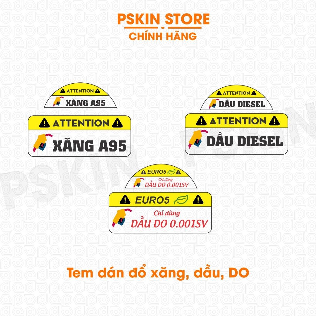 Sticker, tem dán nắp bình xăng cảnh báo đổ xăng, dầu, DO cho ô tô