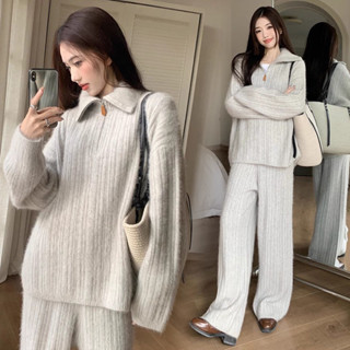  SET Áo Quần Len Dày Dặn Phong Cách Lười Mặc Mùa Đông Mẫu Mới Áo Len Rộng Rãi Quần Ống Rộng MUNMOON 