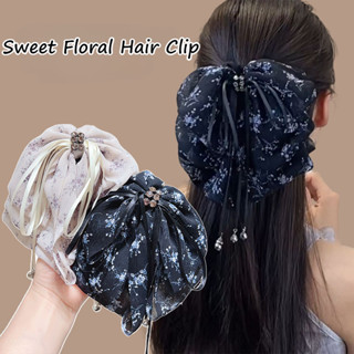 Thời Trang In Hoa Nhiều Lớp Lưới Nơ Tóc Thanh Lịch Ruy Băng Vuốt Tóc Đuôi Ngựa Kẹp Cá Mập