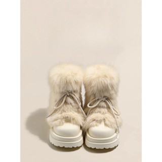 Bốt đi tuyết chống trượt lông, Giày bông đế dày sang trọng thu đông dày dặn 2024 nữ, Bốt ngắn đầu to