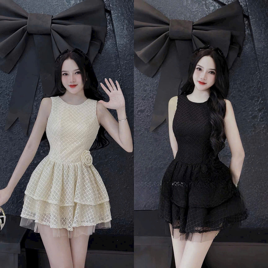 Sét đầm dự tiệc ren tầng phối lưới cổ tròn sát nách kèm quần đùi riêng, dự tiệc, dạo phố xinh yêu ht