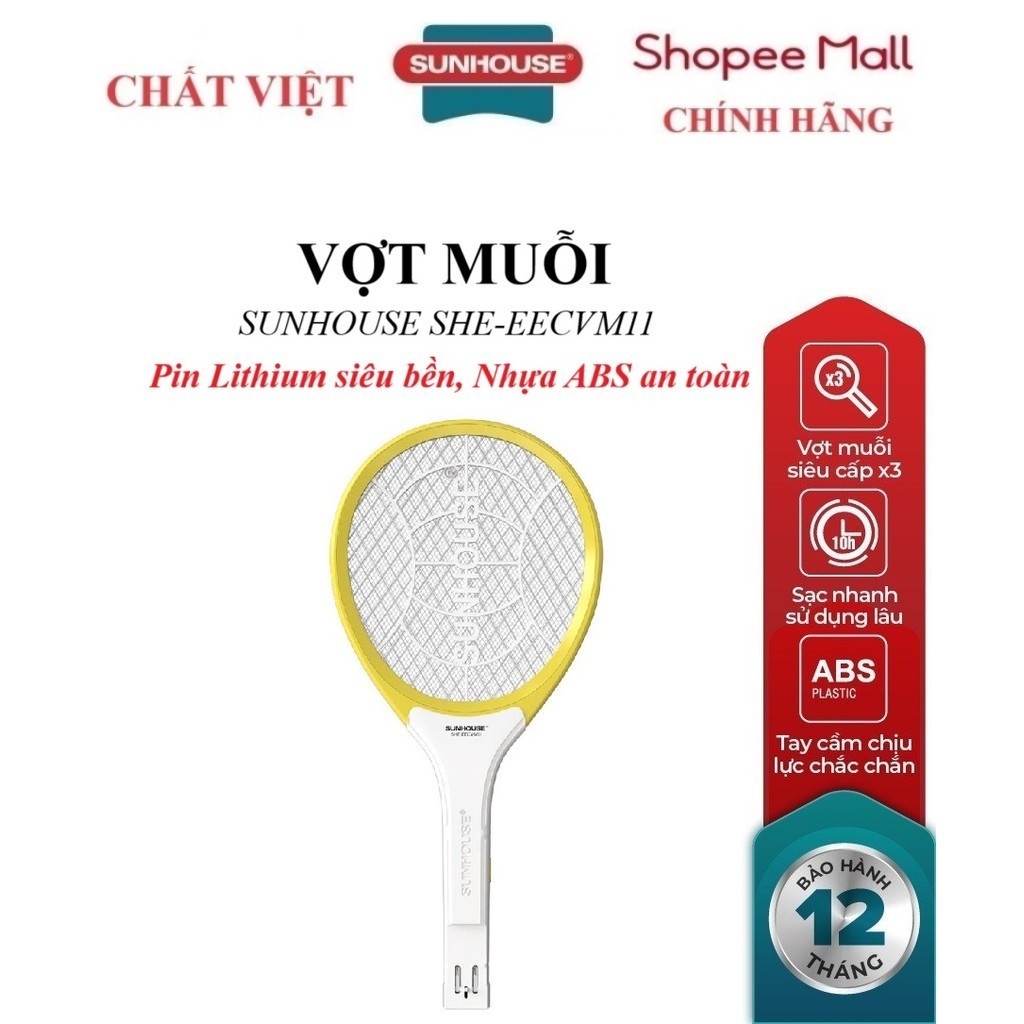 Vợt muỗi SUNHOUSE SHE-EECVM11, màu vàng, 3 lớp lưới , Pin Lithium siêu bền, Nhựa ABS an toàn, Bảo hà