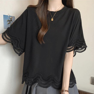 [2 Màu] (40-150kg) Nữ Size Lớn Phối Ren Thiết Kế Cổ Tròn Áo Thun Tay Ngắn Dáng Rộng Oversize Top