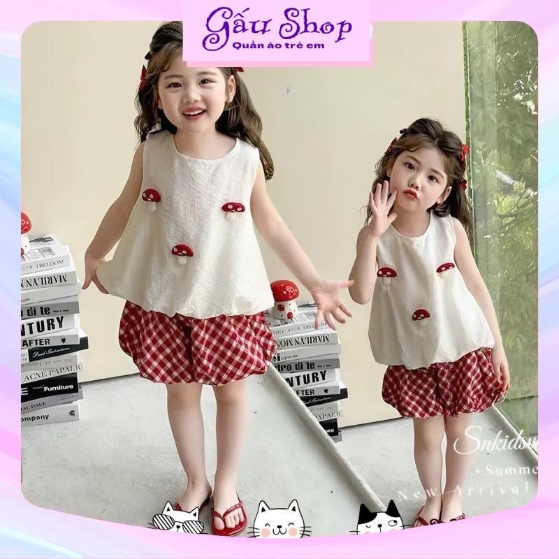 SN157- Bộ quần áo bé gái, Set áo nấm đũi hàn quần bí kẻ caro đỏ cho bé gái