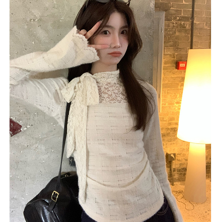 【W】Áo Thun Dài Tay Nữ Ren Bow tie straps Ôm body Thời trang Top khí chất | BigBuy360 - bigbuy360.vn