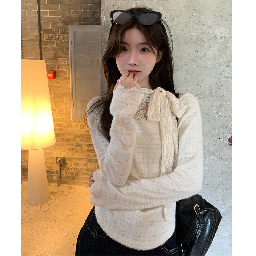 【W】Áo Thun Dài Tay Nữ Ren Bow tie straps Ôm body Thời trang Top khí chất | BigBuy360 - bigbuy360.vn