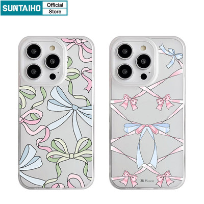 Suntaiho Đẹp Hồng Xanh Nơ Họa Tiết Trong Suốt Mờ Ốp điện thoại Cho Iphone 16 15 14 12 13 11 Pro Max IP 7 8 Plus Iphon X Xs XR Xs Max TPU Silicon Mềm Cao Cấp Chống Sốc Ốp điện thoại