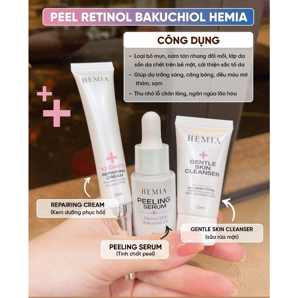 Bộ 3 sản phẩm peel da HEMIA (sữa rửa mặt, tinh chất tái tạo retinol 0.5%, kem phục hồi da) - MÈO BEA
