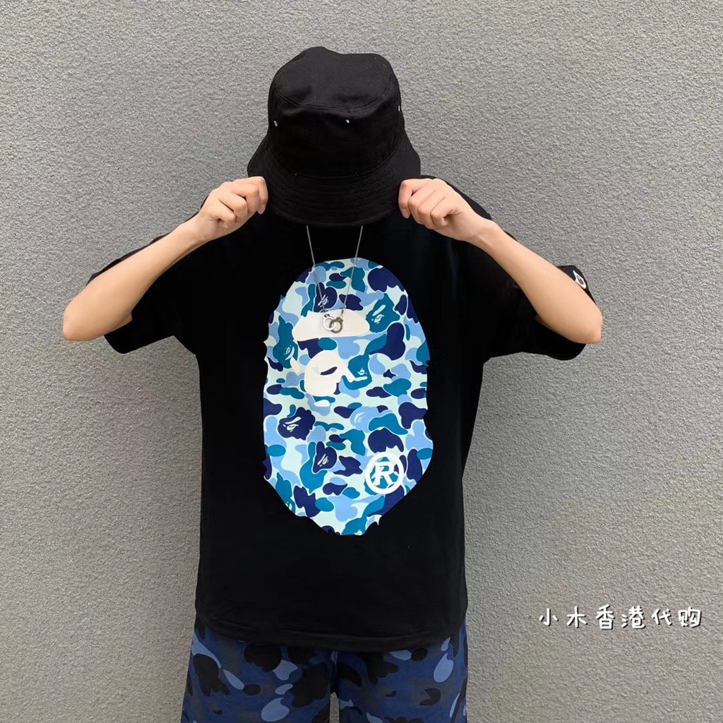 Aape Áo thun ngắn tay ABC CAMO Blue Camo Áo thun đầu khỉ một mặt và hai mặt dành cho nam và nữ
