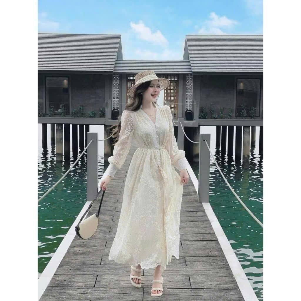 BIGSIZE HIẾU HIẾU (55-100KG) - Đầm ren hoa thiết kế sang chảnh tay dài dáng maxi kèm dây cột eo D461