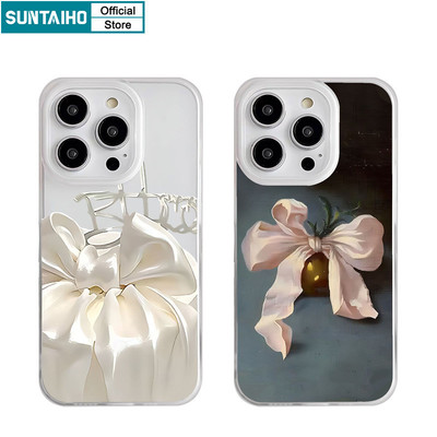 Suntaiho Họa Tiết Nơ Lụa Thanh Lịch Trong Suốt Mờ Dành Cho Iphone 16 15 14 12 13 11 Pro Max IP 7 8 Plus Iphon X Xs XR Xs Max TPU Silicon Mềm Cao Cấp Chống Sốc Ốp điện thoại