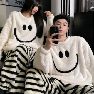 Mùa Thu Đông San Hô Lông Cừu Cặp Đôi Bộ Đồ Ngủ Plus Lông Cừu Dày Cặp Đôi Phong Cách Mặt Cười Loungewear