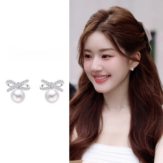  Bông tai ngọc trai nơ bạc S925 mới Bông tai trang sức Hàn Quốc 