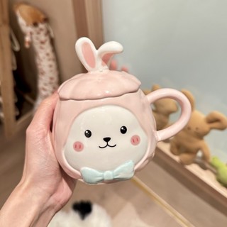 Ly cốc sứ có nắp đậy hình thỏ dễ thương 450ml, món quà sinh nhật tặng bạn gái cốc uống nước có nắp đậy kèm thìa - TTB