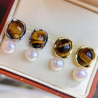 Bông tai ngọc trai nước ngọt tự nhiên Tiger Eye Stone Milad dành cho nữ