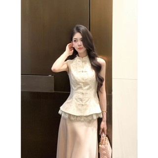 Set áo vest ren sát nách thiết kế ôm dáng, chân váy dáng dài vibe Trung Quốc sang trọng thanh lịch