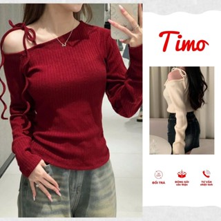 Áo len nữ Timo, Áo len lệch vai phối dây cột nơ chất vải len lông thỏ loại dày mềm mịn AOT200