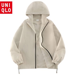 Uniqlo Áo khoác chống nước nữ chất lượng cao có mũ trùm đầu màu trơn Slim Áo khoác thể thao ngoài trời