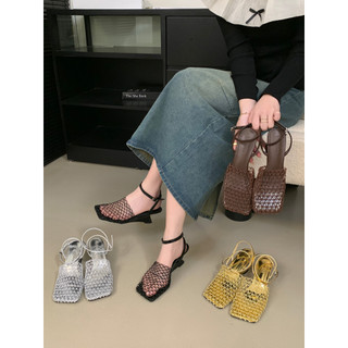   Có hàng  Giày sandal cao gót kiểu dáng châu Âu và Mỹ mùa hè 2025 mới mũi vuông đế wedge buộc dây lưới rỗng không lưng phiên bản Hàn Quốc cho phụ nữ 