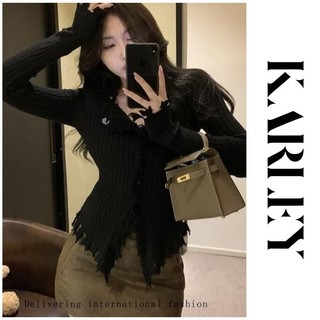 KARLEY Phong cách Mỹ Đồ bộ nữ Hàng dệt kim V cổ Thiết kế tua Một sự tự văn hóa Tay áo dài #SO157