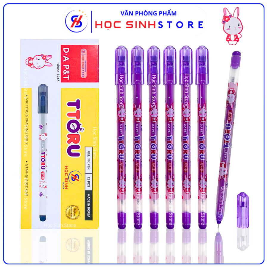 Hộp 12 Cây Bút Nho Ttoru Ngòi Nhỏ 0.4mm D.A P&T Hàn Quốc, Mực Đậm Không Lem (Mực Xanh, Đỏ, Tím, Đen) - Học Sinh Store